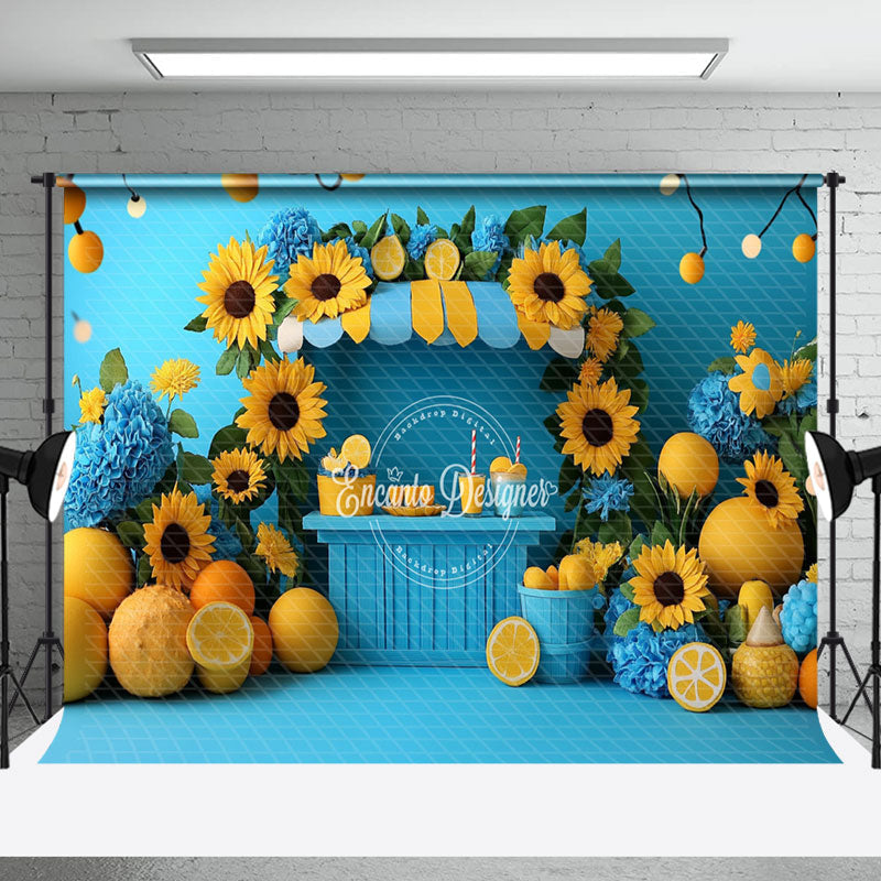 Aperturee - Aperturee Blue Lemonade Stand Sunflower Summer Photo Backdrop