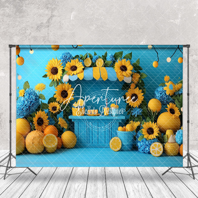 Aperturee - Aperturee Blue Lemonade Stand Sunflower Summer Photo Backdrop