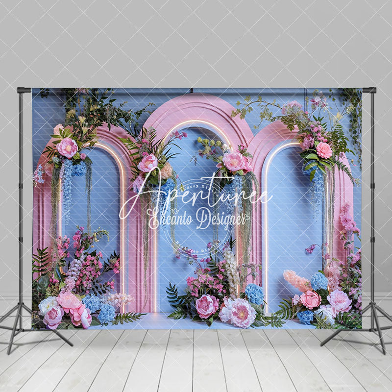 Aperturee - Aperturee Blue Lighted Arch Floral Greenery Wedding Backdrop