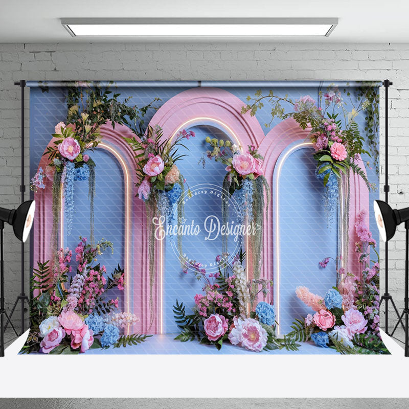 Aperturee - Aperturee Blue Lighted Arch Floral Greenery Wedding Backdrop