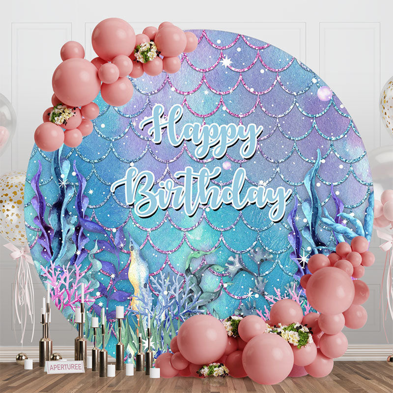 Aperturee - Aperturee Blue Mermaid Scales Plant Round Birthday Backdrop