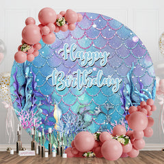 Aperturee - Aperturee Blue Mermaid Scales Plant Round Birthday Backdrop