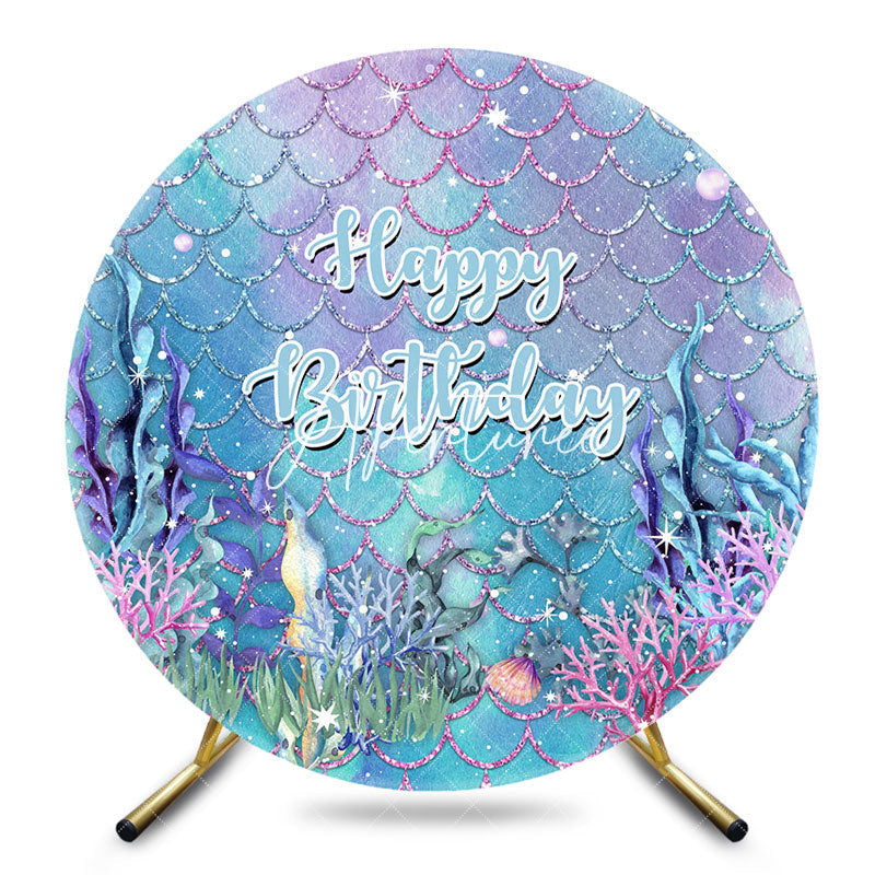 Aperturee - Aperturee Blue Mermaid Scales Plant Round Birthday Backdrop