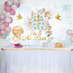 Aperturee - Aperturee Blue Mi Bautizo Angel God Bless Baptism Backdrop