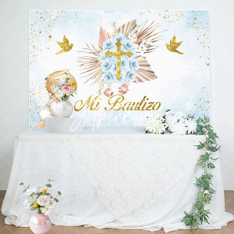 Aperturee - Aperturee Blue Mi Bautizo Angel God Bless Baptism Backdrop