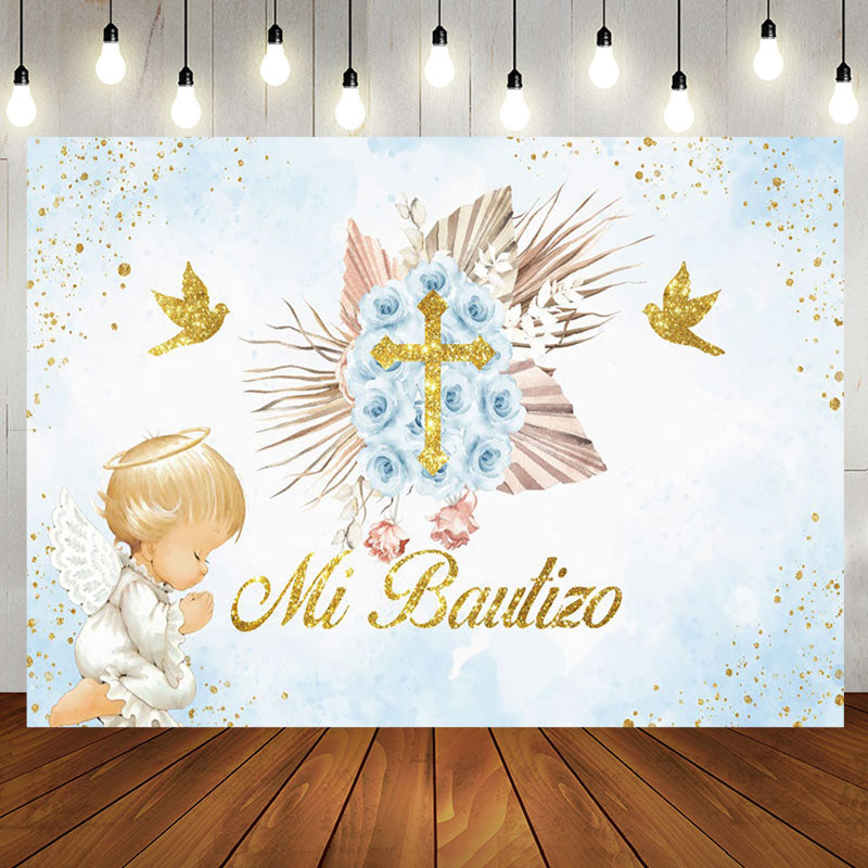 Aperturee - Aperturee Blue Mi Bautizo Angel God Bless Baptism Backdrop