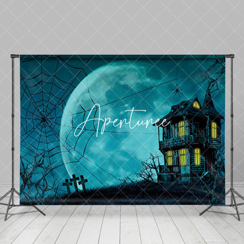 Aperturee - Aperturee Blue Moon Haunted House Spider Web Halloween Backdrop