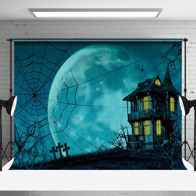 Aperturee - Aperturee Blue Moon Haunted House Spider Web Halloween Backdrop