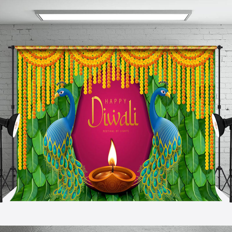 Aperturee - Aperturee Blue Peacock Flower Lantern Ganesha Diwali Backdrop