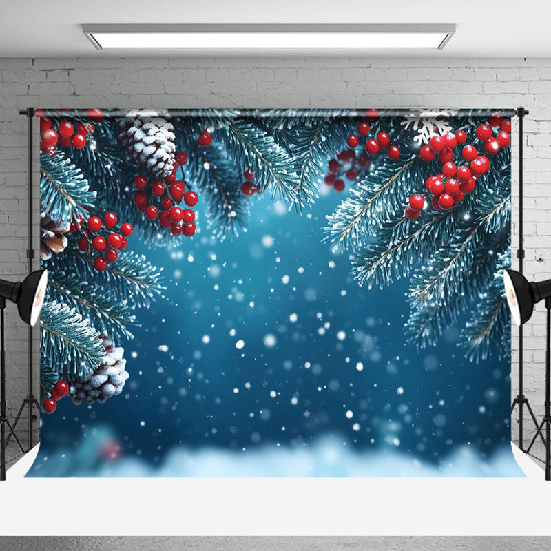 Aperturee - Aperturee Blue Pine Leaves Cone Snowflakes Christmas Backdrop