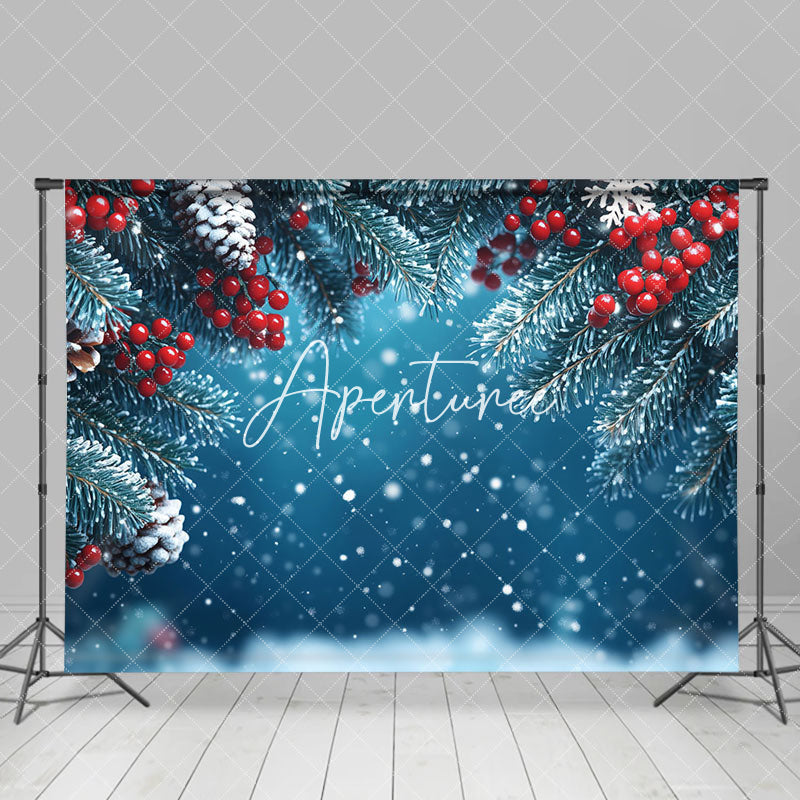 Aperturee - Aperturee Blue Pine Leaves Cone Snowflakes Christmas Backdrop