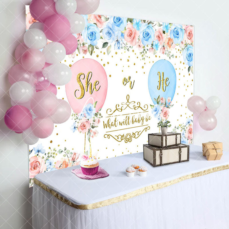 Aperturee - Aperturee Blue Pink Floral Balloons Gender Reveal Backdrop