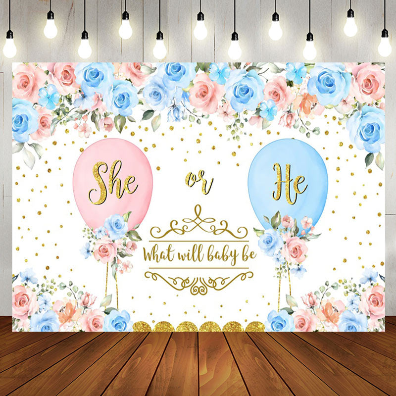 Aperturee - Aperturee Blue Pink Floral Balloons Gender Reveal Backdrop