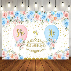 Aperturee - Aperturee Blue Pink Floral Balloons Gender Reveal Backdrop