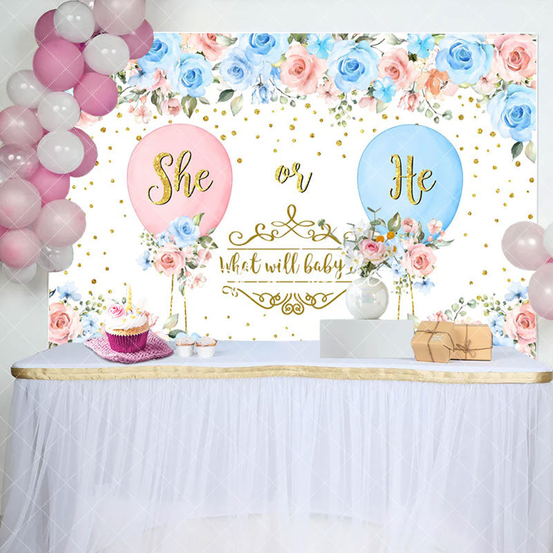 Aperturee - Aperturee Blue Pink Floral Balloons Gender Reveal Backdrop