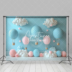 Aperturee - Aperturee Blue Pink Hot Air Balloon Birthday Cake Smash Backdrop