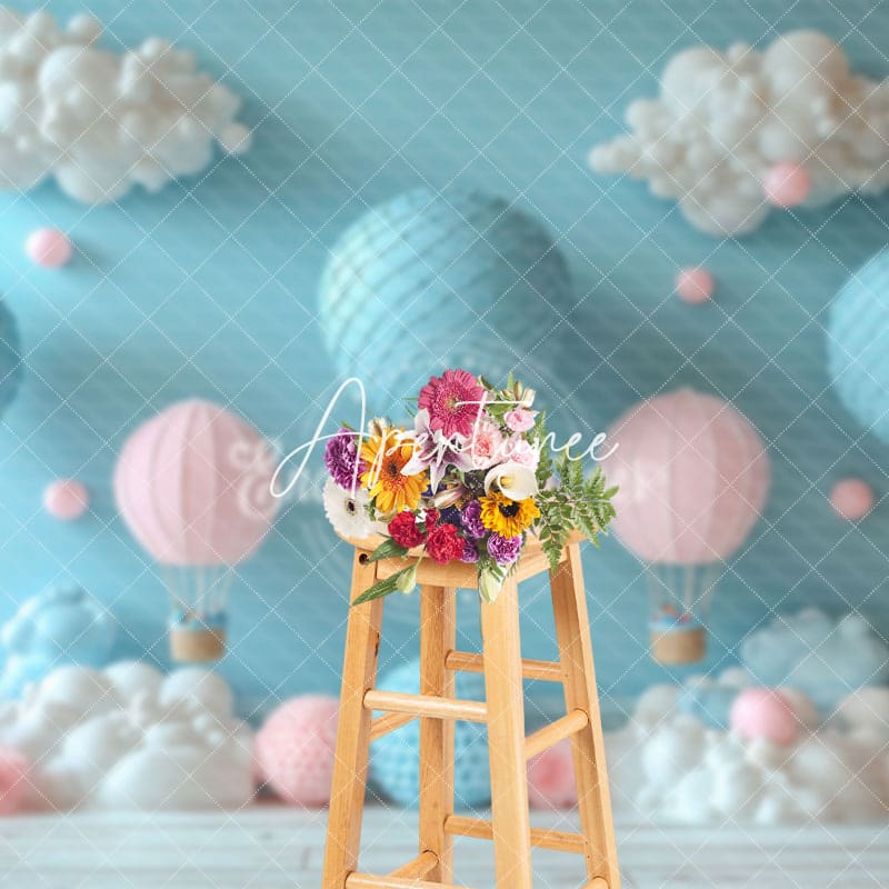 Aperturee - Aperturee Blue Pink Hot Air Balloon Birthday Cake Smash Backdrop