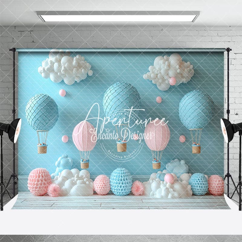 Aperturee - Aperturee Blue Pink Hot Air Balloon Birthday Cake Smash Backdrop