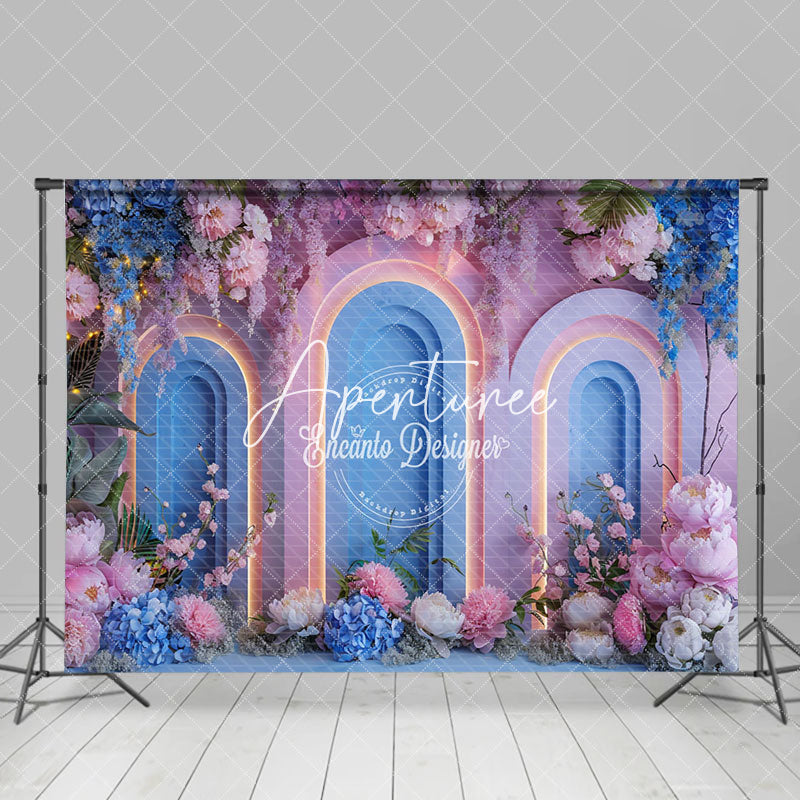 Aperturee - Aperturee Blue Pink Light Arch Romantic Floral Wedding Backdrop