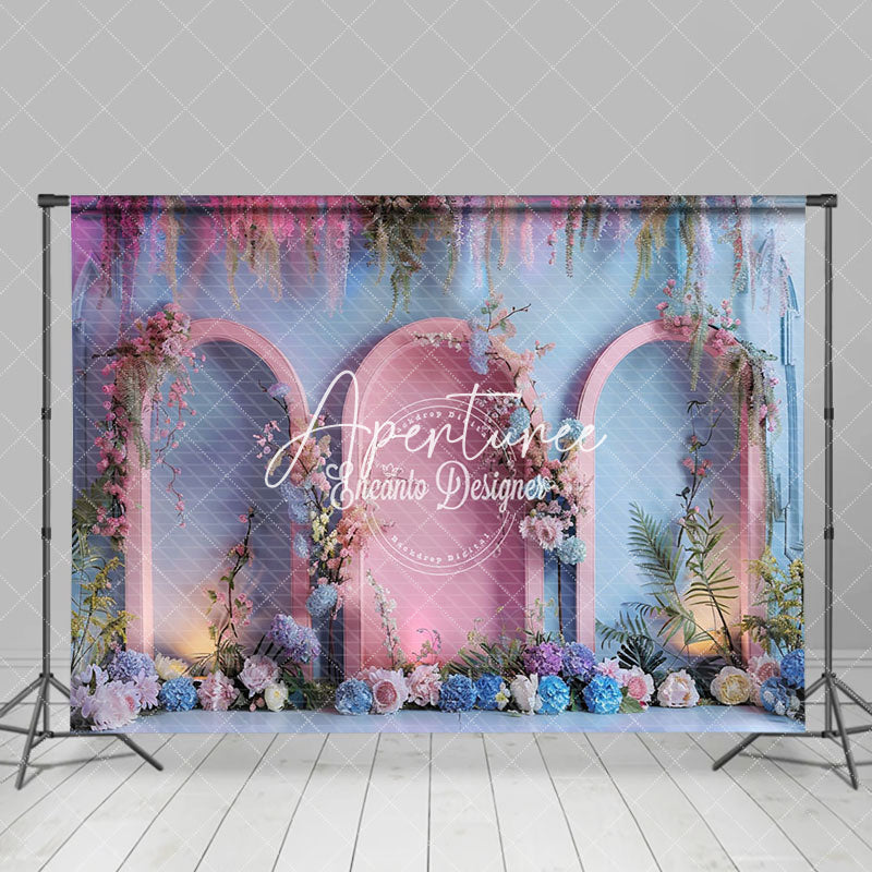 Aperturee - Aperturee Blue Pink Mixed Wall Arch Floral Wedding Backdrop