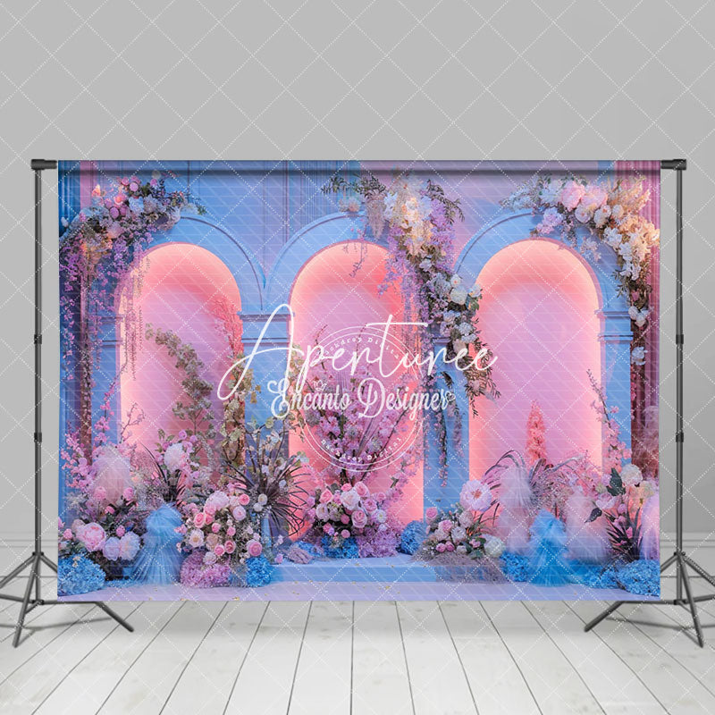 Aperturee - Aperturee Blue Pink Romantic Arch Floral Wedding Photo Backdrop