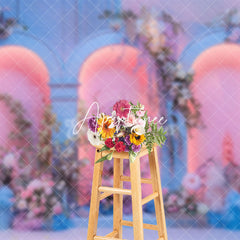 Aperturee - Aperturee Blue Pink Romantic Arch Floral Wedding Photo Backdrop