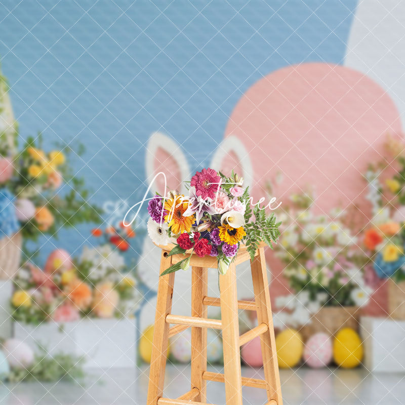 Aperturee - Aperturee Blue Pink Wall Bunny Floral Eggs Easter Backdrop