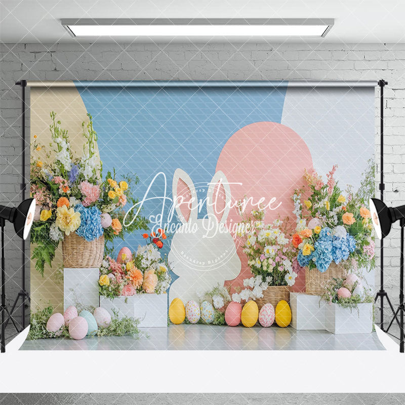 Aperturee - Aperturee Blue Pink Wall Bunny Floral Eggs Easter Backdrop