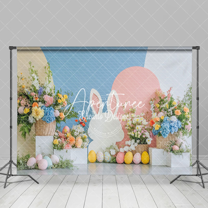 Aperturee - Aperturee Blue Pink Wall Bunny Floral Eggs Easter Backdrop