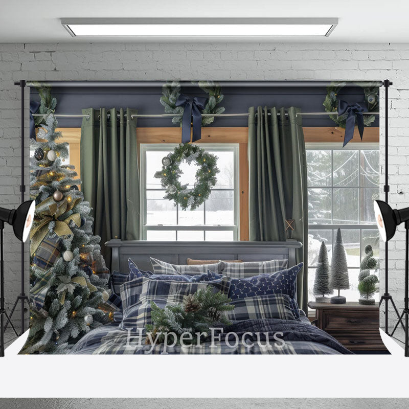 Aperturee - Aperturee Blue Plaid Bed Curtain Window Christmas Backdrop