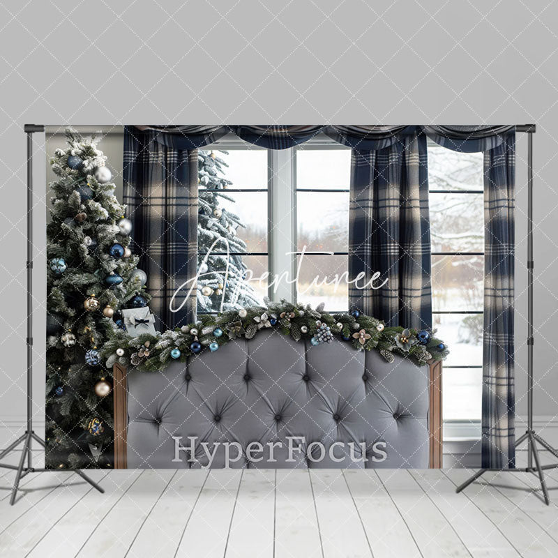 Aperturee - Aperturee Blue Plaid Curtain Bed Tree Christmas Vibe Backdrop