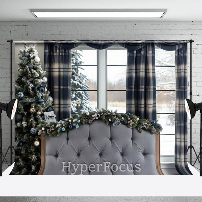 Aperturee - Aperturee Blue Plaid Curtain Bed Tree Christmas Vibe Backdrop