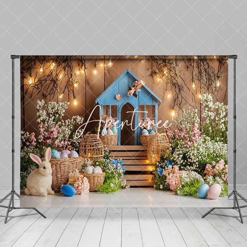 Aperturee - Aperturee Blue Rabbit Hutch Floral Egg Lighted Easter Backdrop