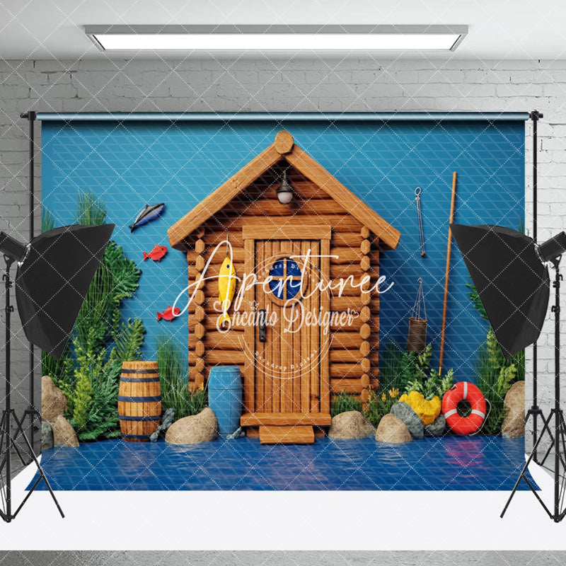 Aperturee - Aperturee Blue River Wooden House Fishing Cake Smash Backdrop