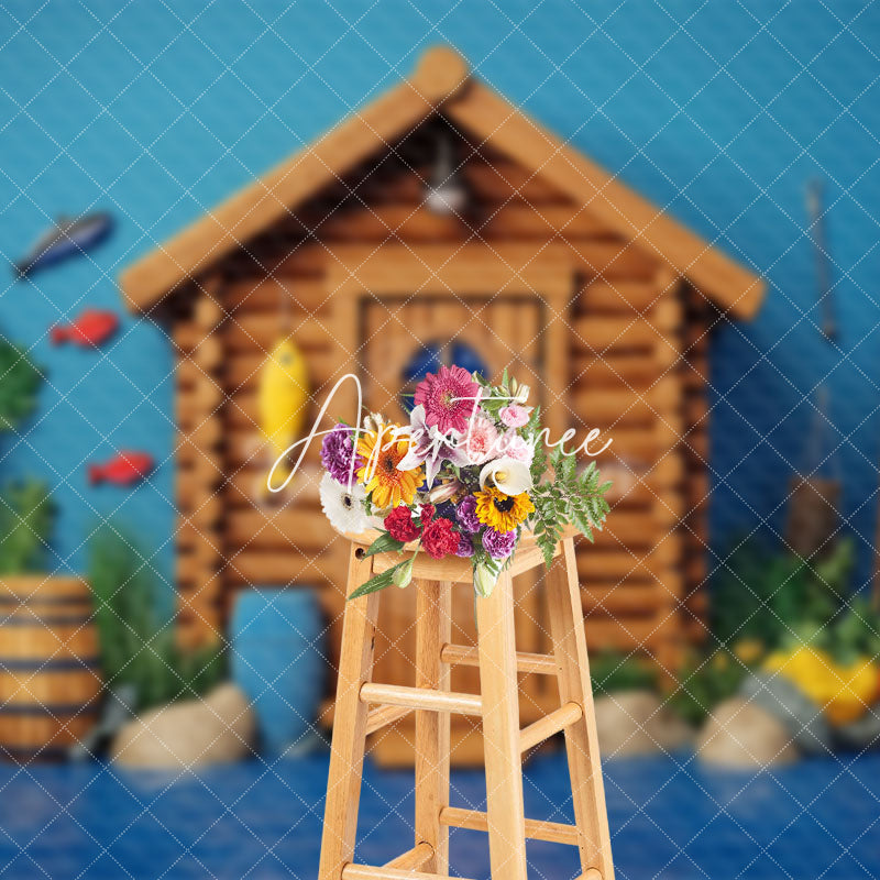 Aperturee - Aperturee Blue River Wooden House Fishing Cake Smash Backdrop