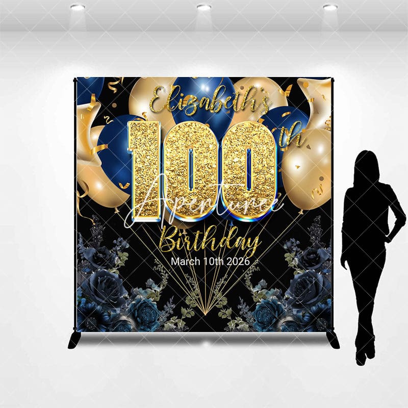 Aperturee - Aperturee Blue Rose Balloon Custom Name 100th Birthday Backdrop