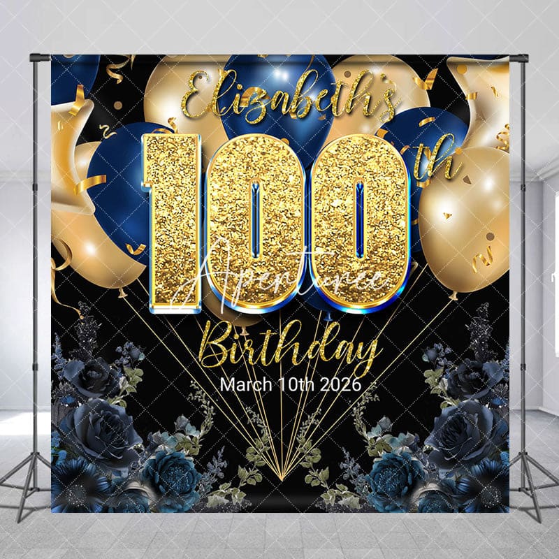 Aperturee - Aperturee Blue Rose Balloon Custom Name 100th Birthday Backdrop