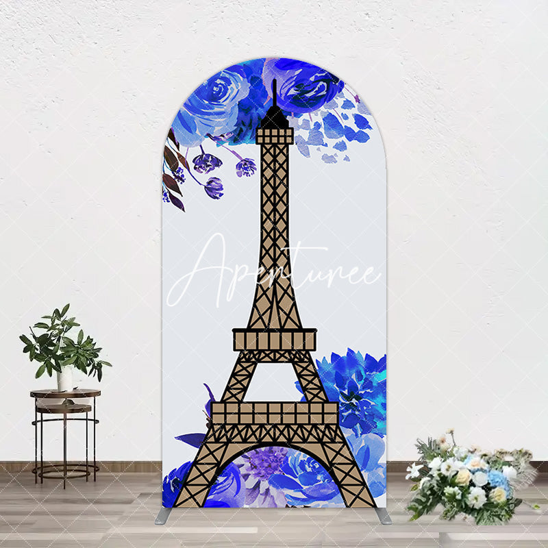 Aperturee - Aperturee Blue Rose Simple Eiffel Tower Birthday Arch Backdrop