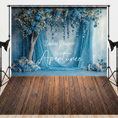 Aperturee - Aperturee Blue Rose Tree Curtain Wooden Floor Combo Set Backdrop