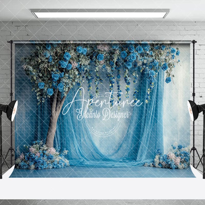 Aperturee - Aperturee Blue Rose Tree Curtain Wooden Floor Combo Set Backdrop