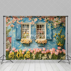 Aperturee - Aperturee Blue Rural Garden House Spring Floral Scene Backdrop