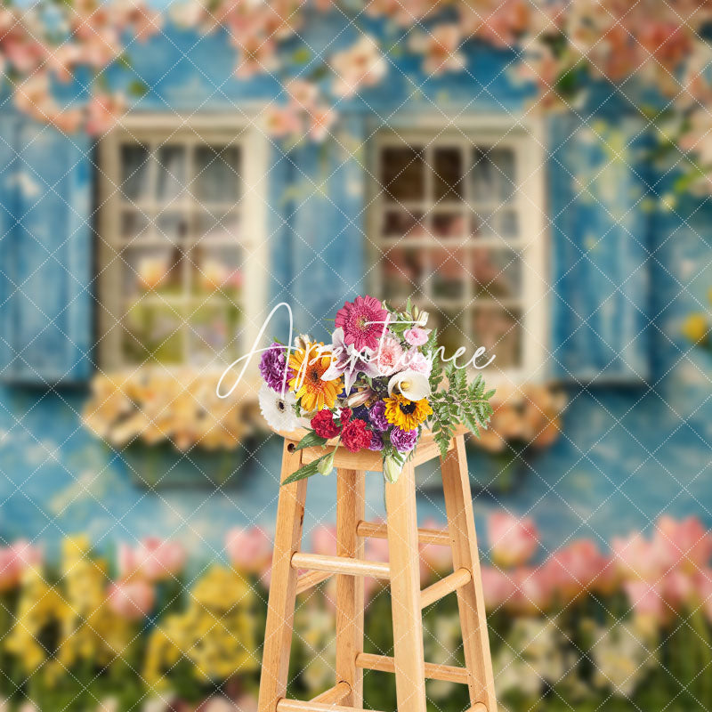 Aperturee - Aperturee Blue Rural Garden House Spring Floral Scene Backdrop