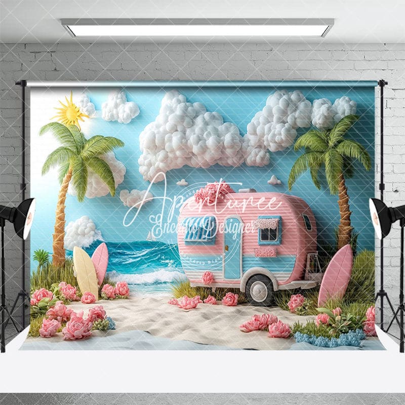 Aperturee - Aperturee Blue Sea Beach Truck Cartoon Summer Backdrop