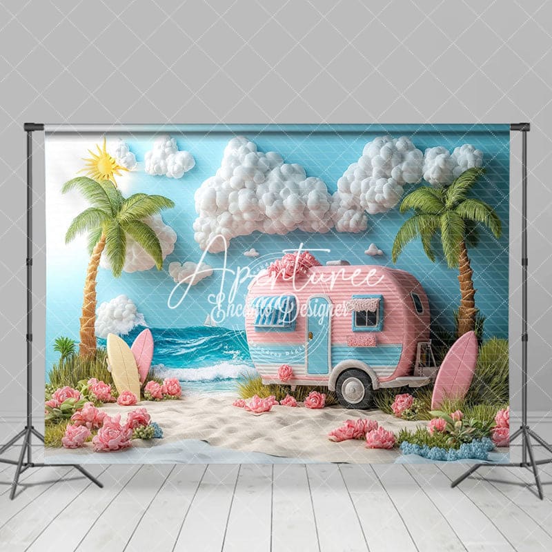 Aperturee - Aperturee Blue Sea Beach Truck Cartoon Summer Backdrop