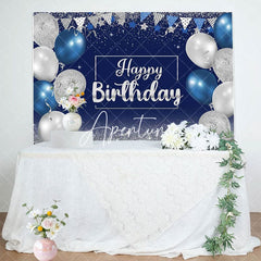 Aperturee - Aperturee Blue Silver Balloons Glitter Happy Birthday Backdrop