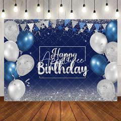 Aperturee - Aperturee Blue Silver Balloons Glitter Happy Birthday Backdrop