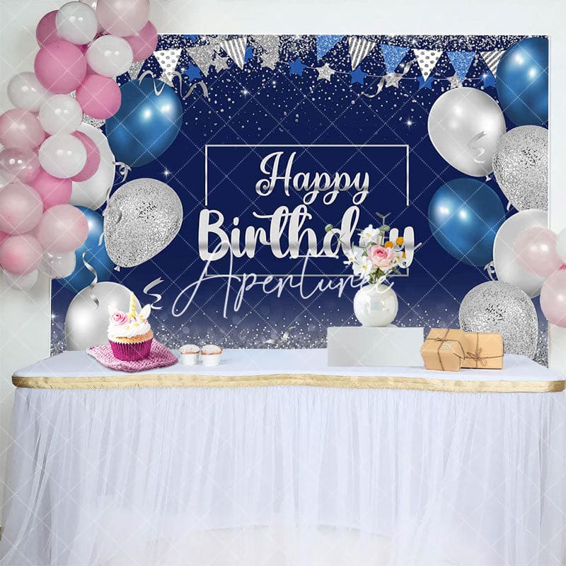 Aperturee - Aperturee Blue Silver Balloons Glitter Happy Birthday Backdrop