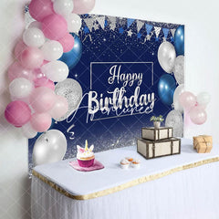 Aperturee - Aperturee Blue Silver Balloons Glitter Happy Birthday Backdrop