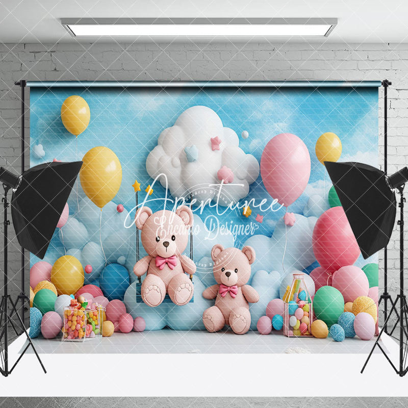 Aperturee - Aperturee Blue Sky Cloud Balloons Bears Cake Smash Backdrop