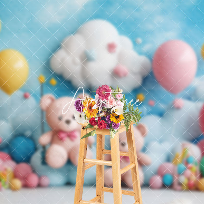 Aperturee - Aperturee Blue Sky Cloud Balloons Bears Cake Smash Backdrop